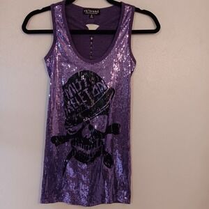 RK7  Brand Purple Sequin Tank Top Miss Skeleton Skull Graphic Medium M